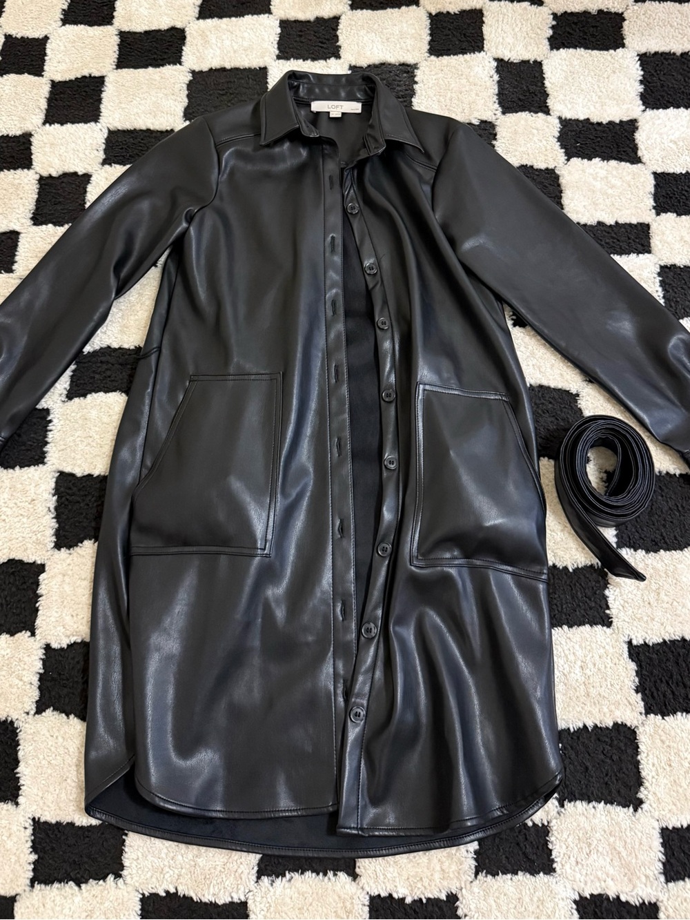 LOFT Black Faux Leather Shirt Coat with Belt